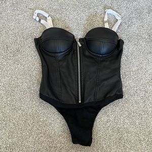 Maniere De Voir Vegan Leather Corset Bodysuit